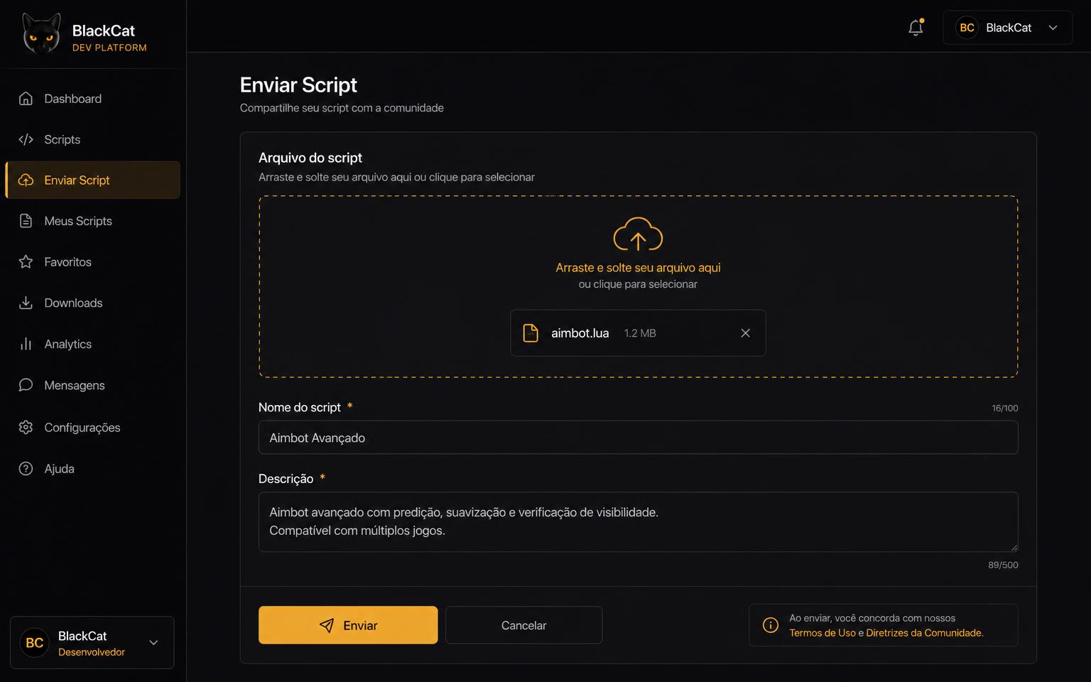 Tela de envio do CloudScript com arquivo aimbot.lua selecionado