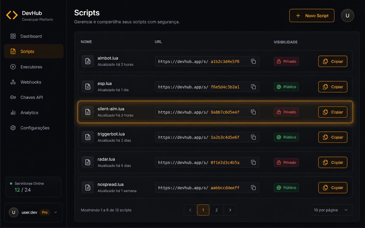 Lista de scripts com URLs tokenizadas e selo privado ou público
